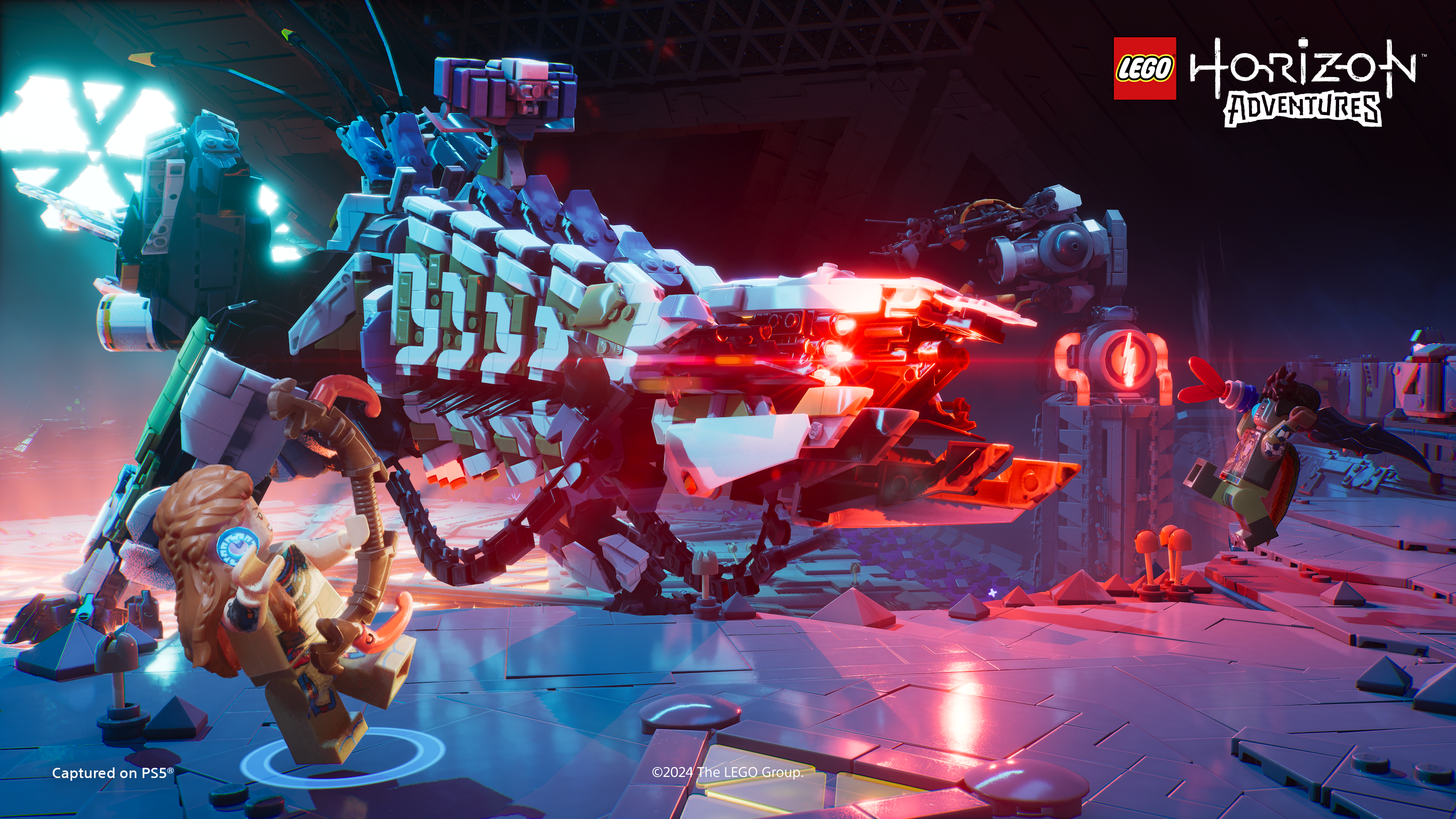 Aloy and Varl take on a Thunderjaw in&nbsp;LEGO® Horizon Adventures™