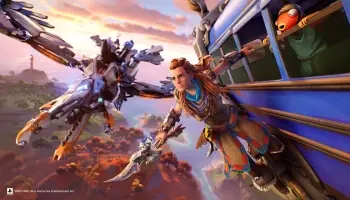 Aloy as a Fortnite character holding onto a moving bus
