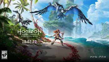 Horizon Forbidden West Key Art with release date showing Aloy on beach fighting a flying monster