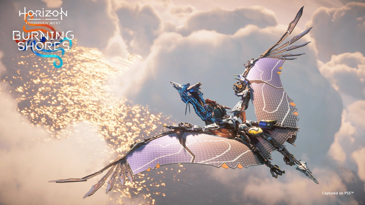 An aerial shot of Aloy on the back of a Sunwing among the clouds