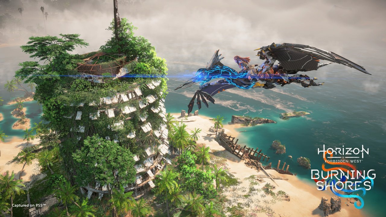 Aloy on the back of a Sunwing, flying across ancient ruins