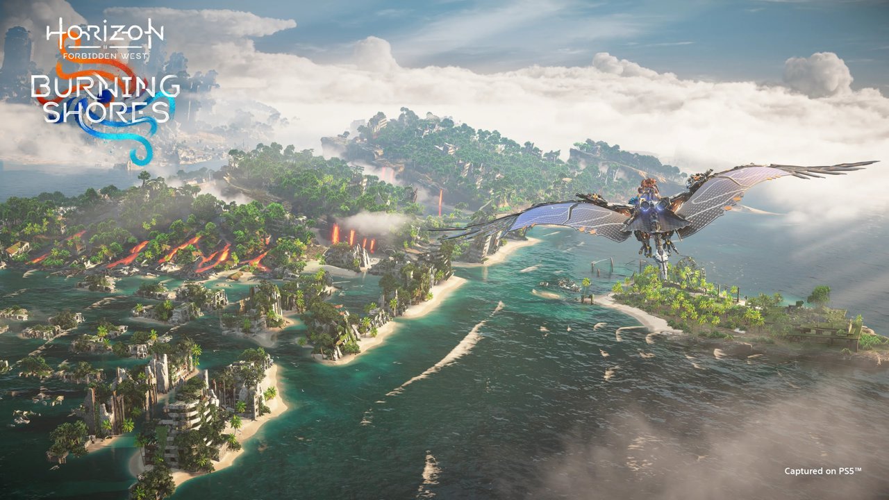 Aloy on the back of a Sunwing, flying towards a familiar coastline, a tropical environment with burning fires everywhere