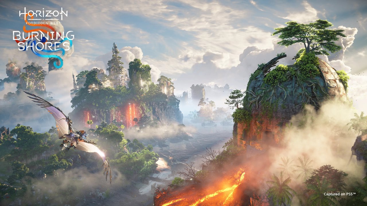 Aloy on the back of a Sunwing flying past LA's Griffith Observatory, burning and in ruins