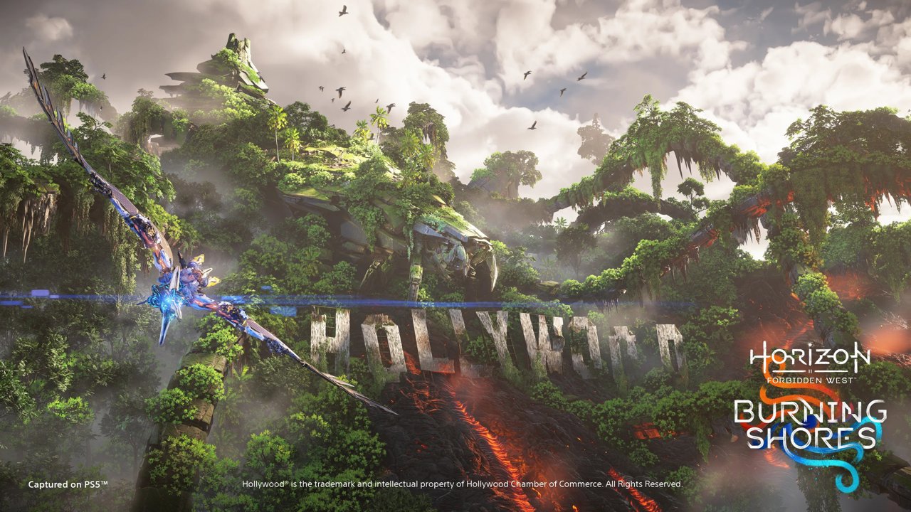 Aloy on the back of a Sunwing flying past the Hollywood sign which is covered in flames