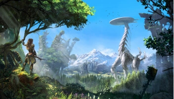 Aloy holding onto a tree and looking at a tall neck in the distance