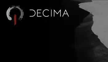 Decima Logo in front of a black and white cliff and beach