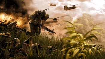 Army character running in a field holding a gun