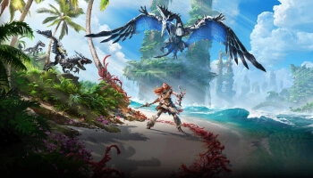 Aloy on a beach battling flying robot