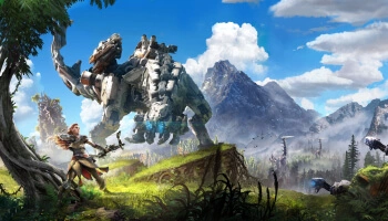 Aloy holding onto a tree and looking at a tall neck in the distance