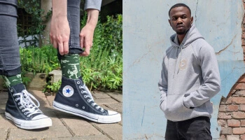 Model wearing grey hoodie, and person pulling up green socks